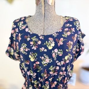 NWT M and XS floral print navy and pink shirt sleeve sundress with pockets
